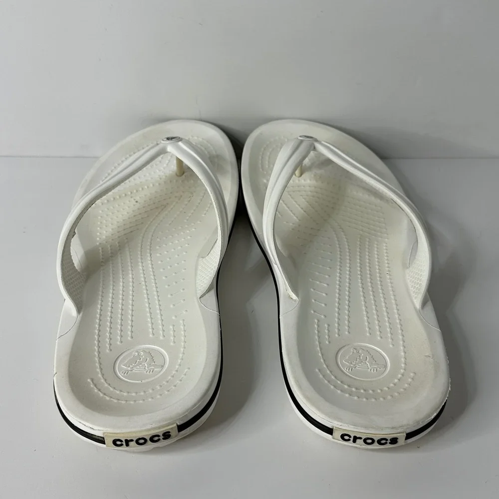 Crocs Crocband Flip Flops White Black 11033 Beach Sandals Mens 9 Womens 11